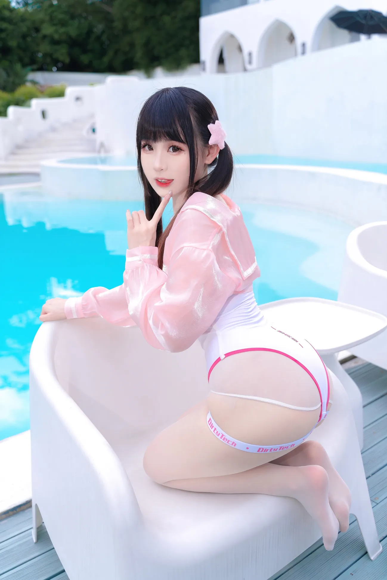 High quality pictures of Mikomikoww Pink and White Swimsuit