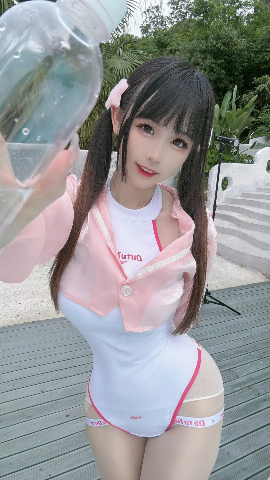 High quality pictures of Mikomikoww Pink and White Swimsuit