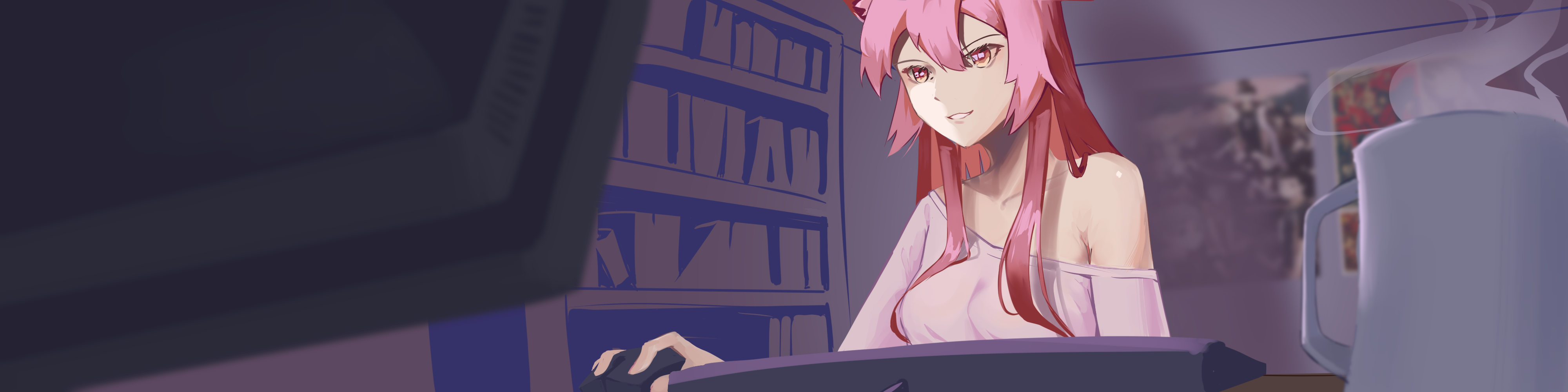 Amanda's avatar, a red-haired catgirl, sitting at a desk in front of a computer.